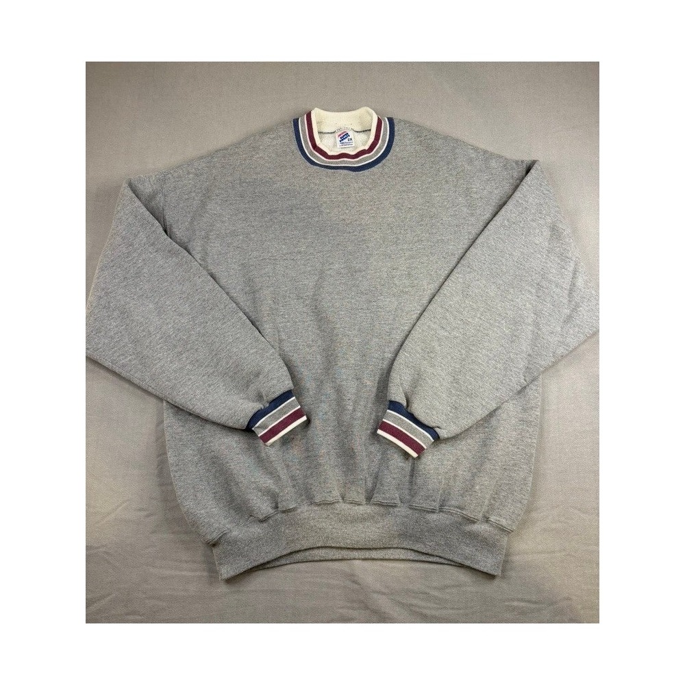 Vintage 90's Jerzees Super Sweats Gray Striped Collar Sweatshirt 2X Made in USA